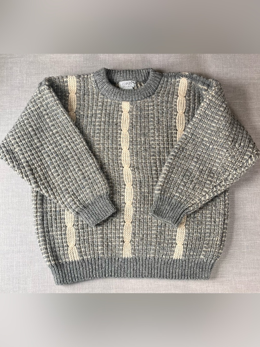 Vintage Irish Wool Chunky Textured Knit Gray and Cream Boxy Crewneck Sweater